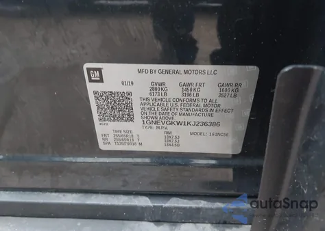 2019 Chevrolet Traverse 1Lt из США, поврежденный, VIN 1GNEVGKW1KJ236386